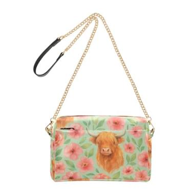 Imagem de Linda bolsa feminina Highland Cows Pink Flowers Bolsa transversal de couro PU bolsa de ombro alça de corrente bolsa para celular fofa
