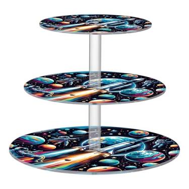 Imagem de Suporte de cupcake de 3 níveis, chá de astronautas, xícara espacial, torre de bolo, exibição de acrílico, decoração de mesa de aniversário, bandeja de servir comida, suprimentos de festa, cupcakes