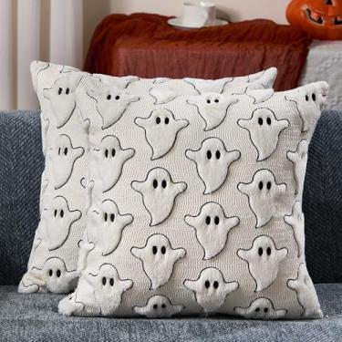 Imagem de DFXSZ Capas de almofada de Halloween 45,7 x 45,7 cm, conjunto de 2 capas de almofada de fantasma branco de olhos pretos de pelúcia macia de lã sintética para poltrona, sofá, quarto, sala de estar