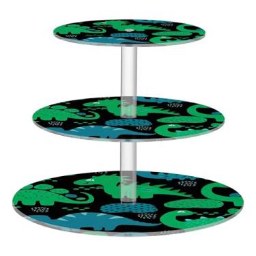 Imagem de Dinossauros, verde, azul, preto, 3 camadas, suporte de cupcake para festa, torre de cupcake, expositor de acrílico, mesa de hospedagem, suporte de sobremesa, decoração de festa de chá, aniversário