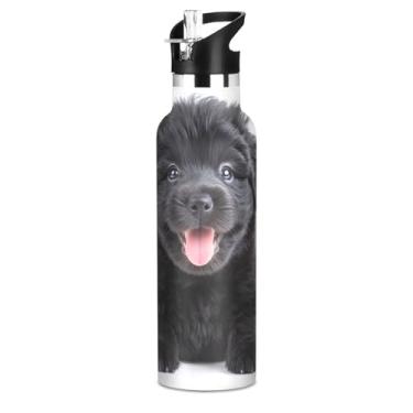 Imagem de Garrafa de água infantil fofa para cachorrinho preto com tampa de palha, garrafas de água isoladas de aço inoxidável, livre de BPA, copos infantis à prova de vazamento para escola, viagens, esportes