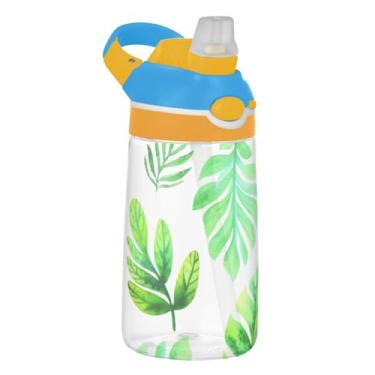 Imagem de Garrafa de água esportiva infantil de 473 ml com tampa de palha, garrafa de água Tritan reutilizável de 473 ml, copo infantil portátil à prova de vazamento, alça de transporte, folhas verdes em