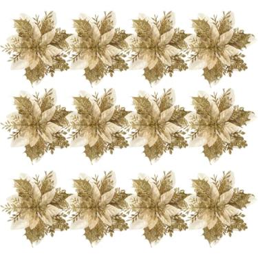 Imagem de Beavorty Conjunto de 12 Flores Artificiais de Natal Em Formato de Poinsétia Com Glitter, Com Hastes E Presilhas, para Enfeites de Árvore, Guirlandas Florais para Natal/festas/ocasiões