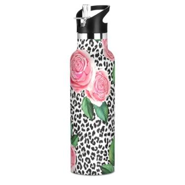 Imagem de Garrafas de água rosa verde leopardo preto meninas com tampa de palha, garrafa de água isolada de aço inoxidável parede dupla vácuo livre de BPA copos infantis para escola viagens esportes 590 ml