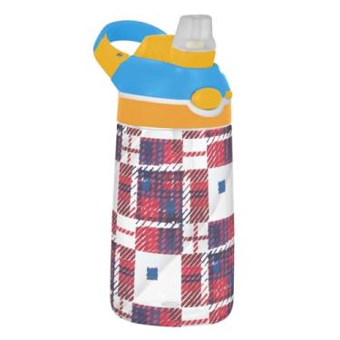 Imagem de Garrafa de água infantil Tritan Sports de 473 ml com tampa de palha, garrafa de água à prova de vazamento de 473 ml, copo infantil reutilizável portátil, alça de transporte, xadrez azul marinho