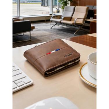 Imagem de Carteira masculina casual dobrável de couro, design de acesso rápido (marrom escuro)