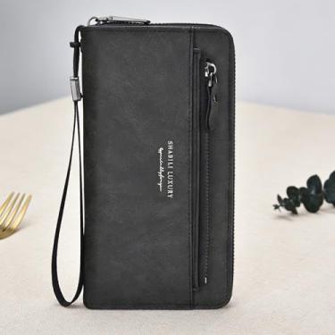 Imagem de Carteira universal casual preta com vários compartimentos com zíper de couro sintético de cor sólida, design casual preto com vários compartimentos com zíper em couro sintético de cor sólida