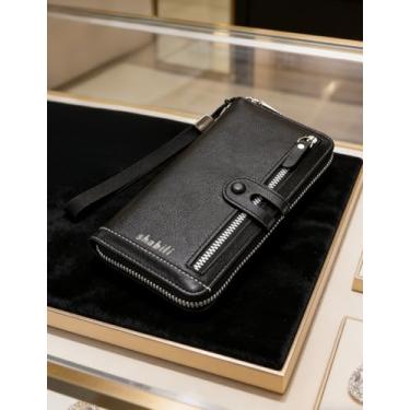 Imagem de Carteira masculina longa, carteira de couro com zíper único com vários compartimentos para cartão e grande capacidade, organizador casual com bloqueio de RFID com bolso para moedas (preto)