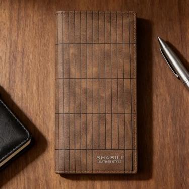 Imagem de Carteira masculina moderna, marrom claro, vários compartimentos, estampa xadrez de couro sintético, confortável, design moderno de vários compartimentos com zíper com padrão xadrez, couro sintético