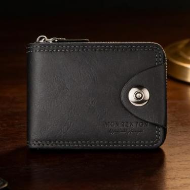 Imagem de Carteira masculina retrô preta horizontal de couro PU resistente à água, design horizontal preto retrô com alça, couro sintético padrão tecido, resistente à água