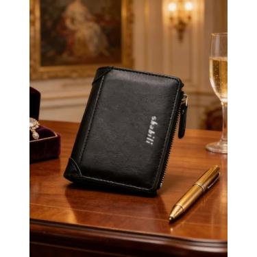 Imagem de Carteira masculina de couro curta com zíper, elegante carteira urbana com zíper (preto)