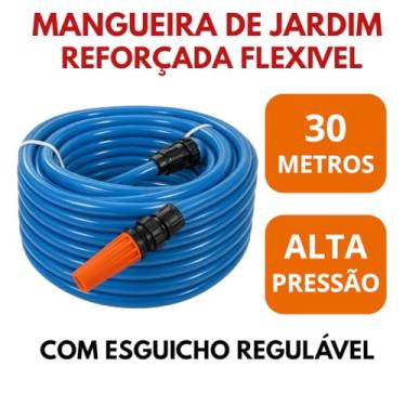Imagem de Mangueira Antitorção Reforçada Azul em PVC com Esguicho | Mangueira de Jardim 7/16” | Alta Resistência(30 METROS)