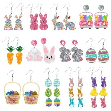 Imagem de Y1tvei Brincos de glitter de coelhinho da Páscoa – 12 pares fofos de ovos de Páscoa, cenouras, coelhos, em formato de gota, brincos de acrílico brilhante, decoração de orelha, acessório de joias