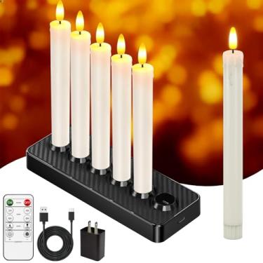Imagem de HL Velas cônicas recarregáveis sem chama com base de carregamento, pacote com 6 velas de janela de LED, operadas por bateria cintilante com temporizador remoto, castiçais sem chama para decorações de