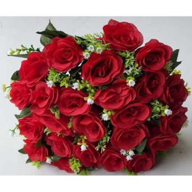 Imagem de Rosa Artificial Decorativa com 24 Flores – Buquê para Arranjos, Festas, Casamento e Decoração de Interiores(Vermelho,Kit com 2)