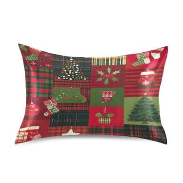 Imagem de Blueangle Fronha de cetim com estampa de patchwork de Natal para cabelo e pele, fronha de seda, tamanho Queen (50,8 x 76,2 cm) - Capas de almofada de cetim com fecho de envelope (423)