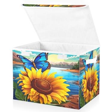 Imagem de Blueangle Cestos de armazenamento de borboleta de girassol com tampas, 42 x 32 x 30 cm, grande cesta organizadora dobrável para decoração de casa e escritório (306)