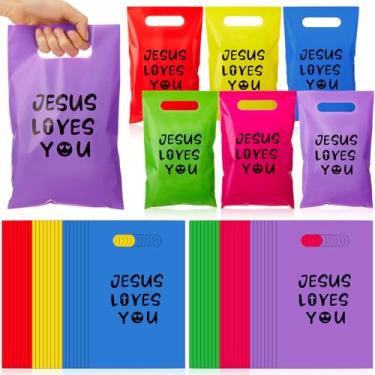 Imagem de Cholemy 50 peças Jesus Loves You Sacos de presente de plástico colorido religioso igreja cristã escritura God Bless Bíblia doces lanches sacos para lembrancinha de festa de primeira comunhão, 29 x 19