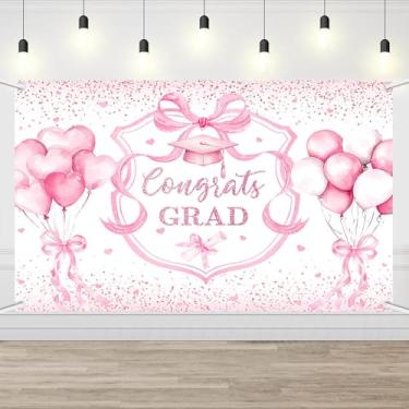 Imagem de AIBIIN Coquette Congrats Grad Backdrop Pink Bow 2026 Graduação Fotografia Fundo Coquette Tema Classe de 2026 Faixa de Festa de Formatura Balão Coração Adereços para Foto 1,8 x 1,1 m