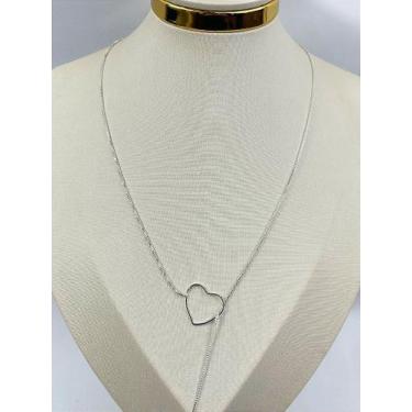 Imagem de Colar Gravatinha Coração Veneziana 70cm - Banho Prata Semijoia 925 com