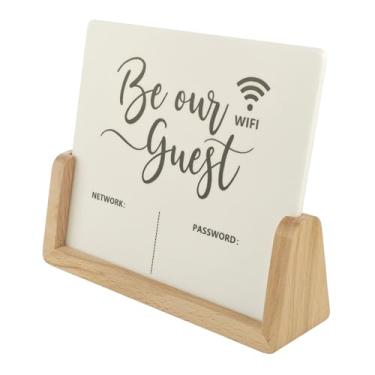 Imagem de Sinais de senha Wifi apagáveis para desktop WiFi seja nosso sinal de convidado, adequado para Air bnb, hotéis, aluguéis e itens essenciais para proprietários (base de madeira)