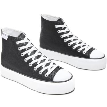 Imagem de ALTOCIS Tênis feminino de cano alto com glitter, plataforma de cano médio, com lantejoulas brilhantes, lindos e brilhantes, plataforma, sapatos de caminhada, Glitter preto, 36