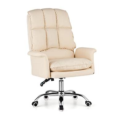 Imagem de Cadeira de escritório executiva com reclinável de 145° e enchimento extra - Cadeira de mesa ergonômica giratória de couro PU para conforto no escritório em casa