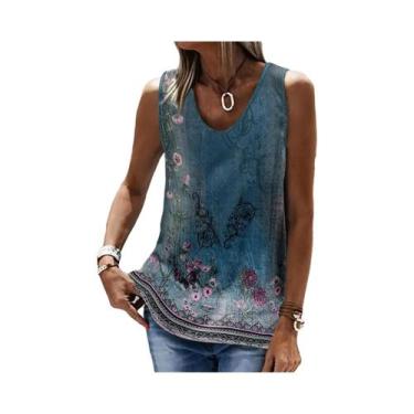 Imagem de Camiseta Feminina Retrô Estampada Casual Sem Mangas, Estilo Solto Étni