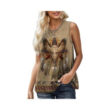 Imagem de Camiseta Feminina Retrô Estampada Casual Sem Mangas, Estilo Solto Étni