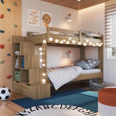 Imagem de Cama Beliche Infantil Bicama Menino Menina 2,32m Com Escada, Nichos E Gavetas Aveiro Oak
