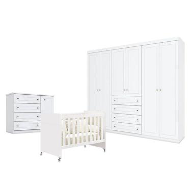 Imagem de Quarto de Bebê Americano 6 Portas com Berço Americano Evolution 4 em 1 Branco Acetinado Reller - Henn