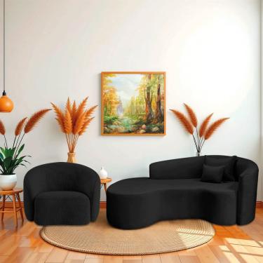 Imagem de Kit Recamier Curvo Sala De Estar Inglaterra 200cm Lado Esquerdo Poltrona Orgânica Luxo Amore Linho Preto