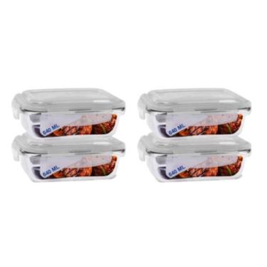 Imagem de Kit 4 Potes de Vidro 640ml Hermético Vedação Silicone Marmita Fitness 