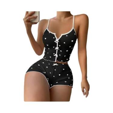 Imagem de Conjunto De Pijamas Femininos Com Estampa De Coração Em Tecido Macio C
