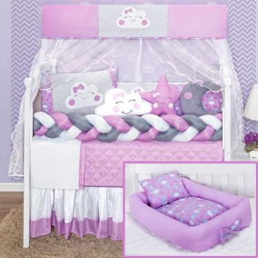 Imagem de Kit Berço Trança Ninho Redutor Nuvem Rosa Almofadas Especial Premium C