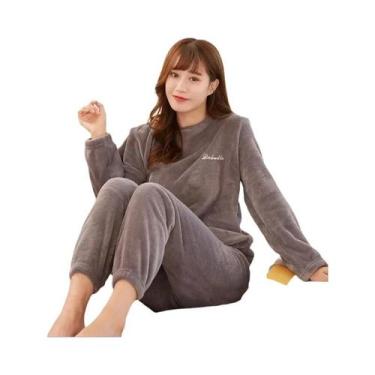 Imagem de Conjunto De Pijama Feminino De Veludo Quente Com Blusa Solta De Fleece