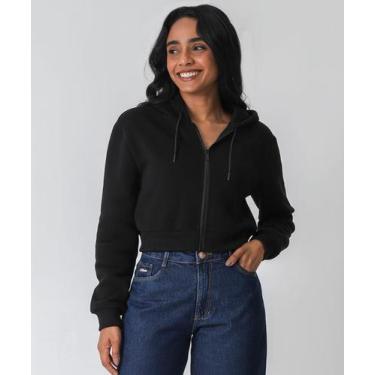 Imagem de Casaco Feminino Cropped Moletom Flanelado Marisa Preto, Preto, GG