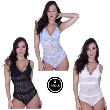 Imagem de Kit 3 Body de Renda Feminino Decotado sem Bojo Decote - C10 KIT 3 BODY