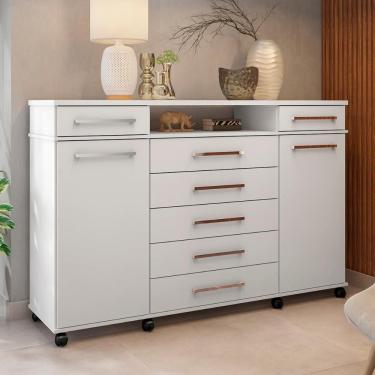 Imagem de Cômoda London 7 Gavetas em MDF com Rodízios e Portas para Quarto Infantil e Adulto Branco