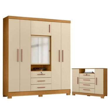 Imagem de Cômoda Madri e Guarda Roupa Casal Imperial Carvalho Americano Off White - Incorplac