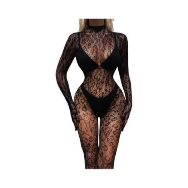 Imagem de Macacão Sexy Feminino Transparente De Renda Com Manga Longa, Estilo Re