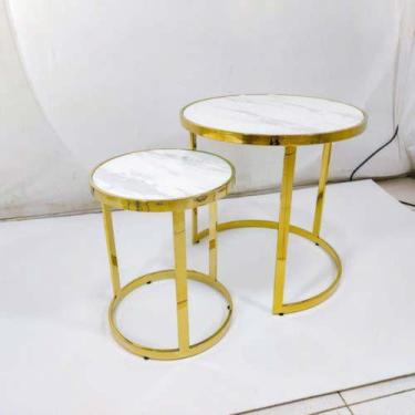 Imagem de Mesas Laterais Dupla Metal Dourado Tampo Marmore Luxo - LUXdécor Casa 