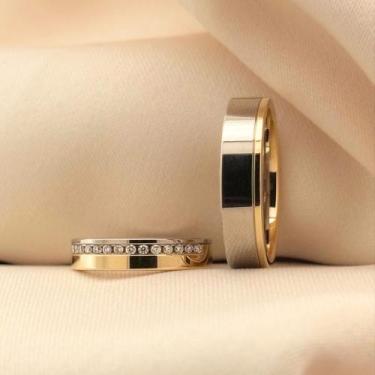 Imagem de Par de Alianças folheada a Ouro 18k detalhe em Prata 925 e pedras - Cl