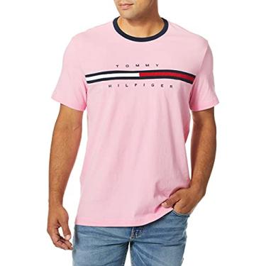 Imagem de Tommy Hilfiger Camiseta masculina com logotipo de manga curta, Rosa fluorescente, XG