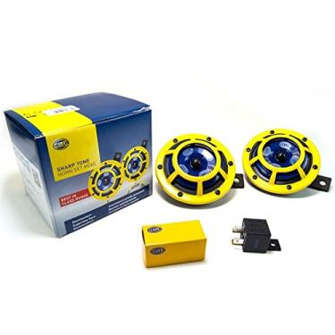 Imagem de HELLA H31000001 Kit de chifre duplo de tom alto/baixo de 12V Sharptone com grade protetora amarela, inclui relé, 2 buzinas