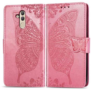Imagem de Capa para celular com estampa de borboletas e flores em relevo horizontal para Huawei Mate 20 Lite, com suporte e compartimentos para cartões e carteira (preto), capas para bolsas (cor rosa)