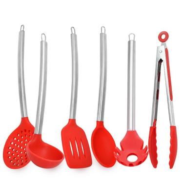 Imagem de Kit Utensílios De Cozinha De Silicone Vermelho Cabo Inox K4C