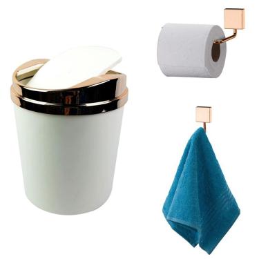 Imagem de Kit 3 Peças Banheiro Lixeira + Papeleira + Cabide Toalha Rosé Gold - Future