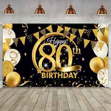 Imagem de Decoração de festa de aniversário, tecido extra grande, pôster de placa de ouro preto para aniversário de casamento, estante de fundo de cabine de foto, artigos de festa de aniversário, 72,8 x 43,3 polegadas (80)