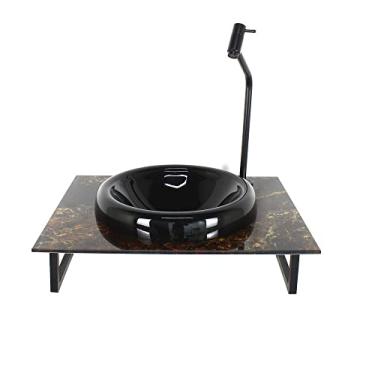 Imagem de GABINETE COM CUBA DE VIDRO CHAPEU 10MM PRETA COM TAMPO 50CM MARMORE IMPERADOR MAIS TORNEIRA PRETA